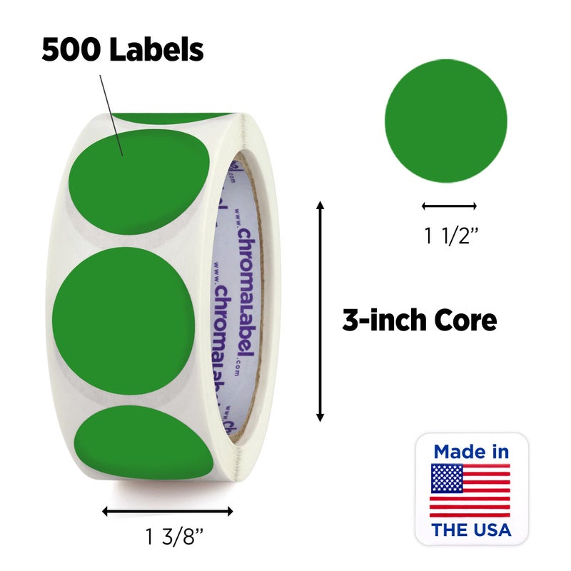 ChromaLabel 1.50 Inch Round Label Removable Color Code Dot Stickers, Inventory Labels, 500 Labels per Roll, Green - Image 2